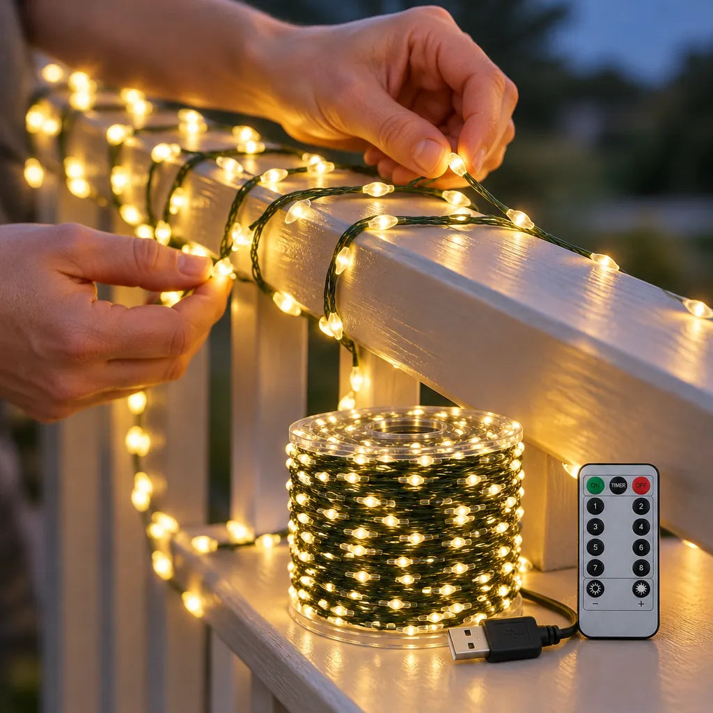 Hands hanging warm white xmas lights along a porch railing at dusk