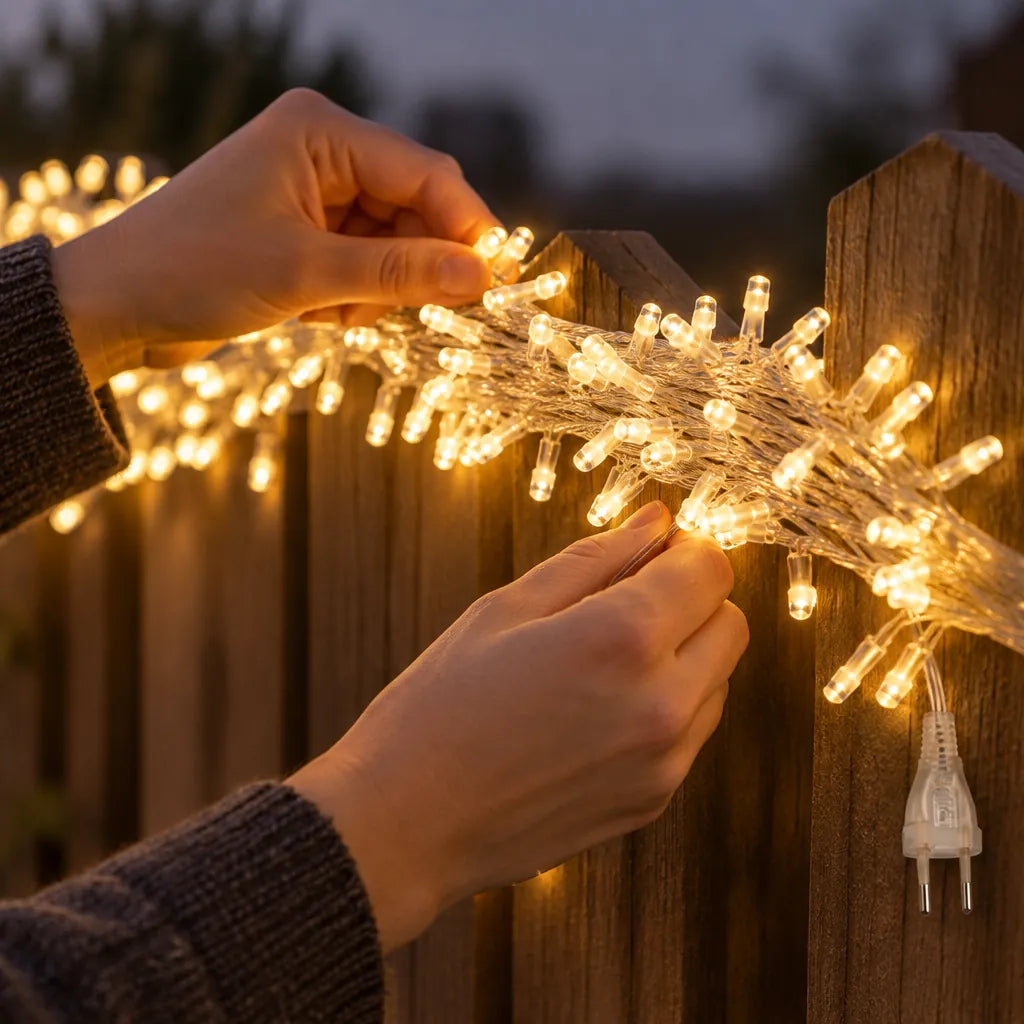 Hands hanging warm white outdoor LED string lights on a wooden garden fence at dusk