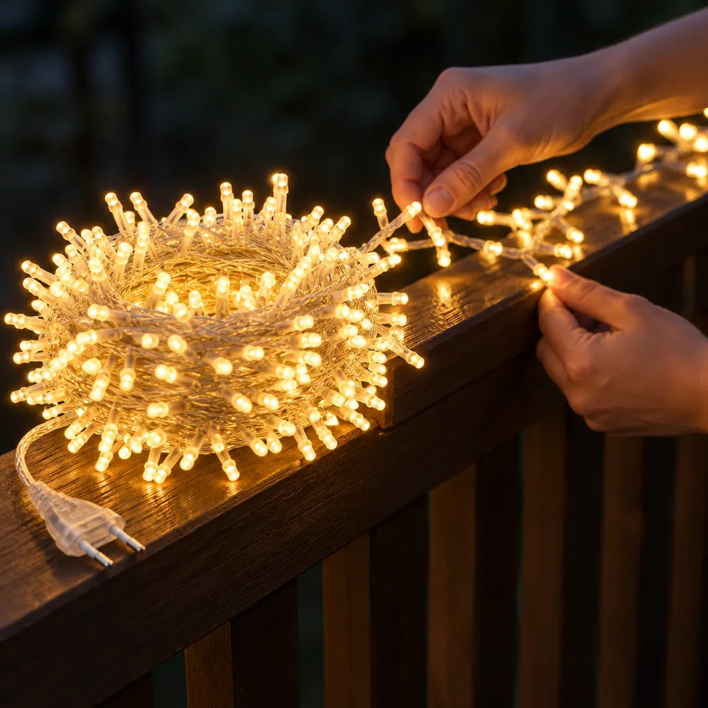Hands spreading warm white outdoor LED string lights along a wooden porch railing