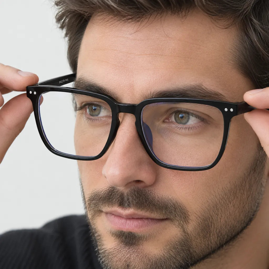Man putting on black square blue light glasses with clear non-prescription lenses