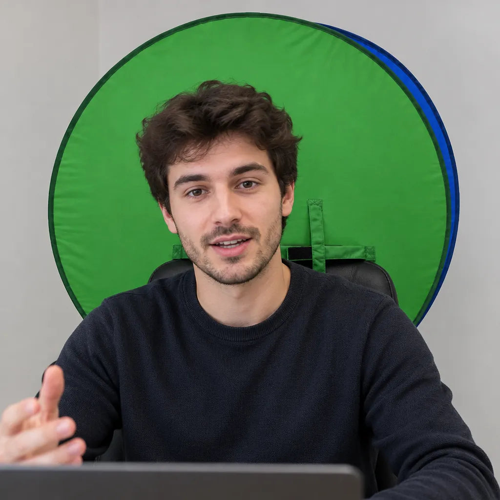 Man on a video call in front of a pop up green screen strapped to his office chair