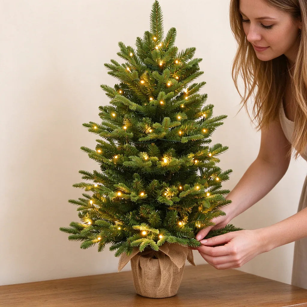 Woman adjusting the branches of a small Christmas tree with lights on a wooden table