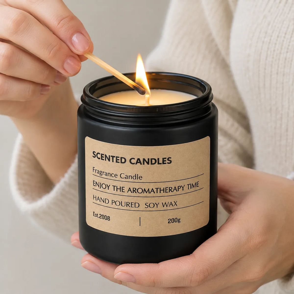 Hands lighting a soy wax scented candle in a black glass jar with a match