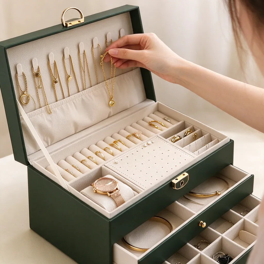 Woman hanging a gold necklace inside a green three-layer jewellery box with drawers