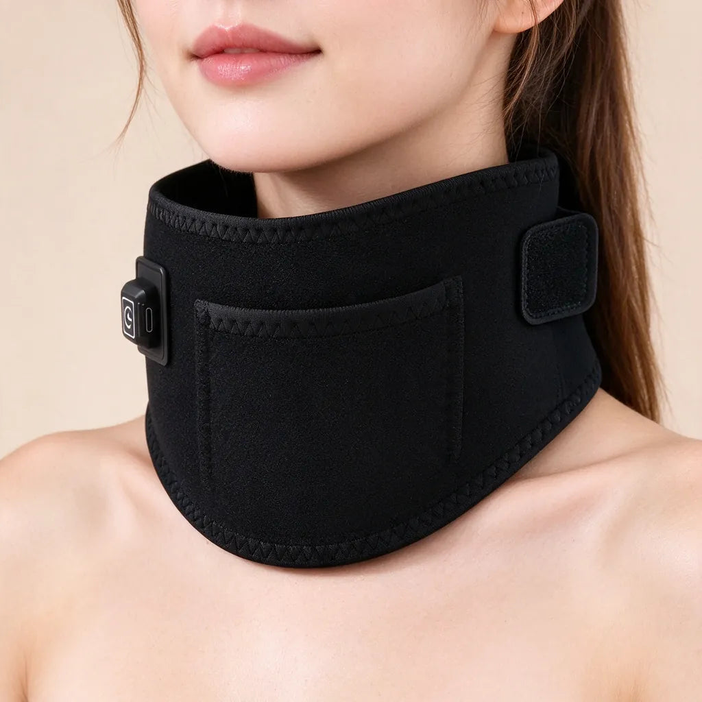 Close-up of a woman wearing a black USB heated neck wrap