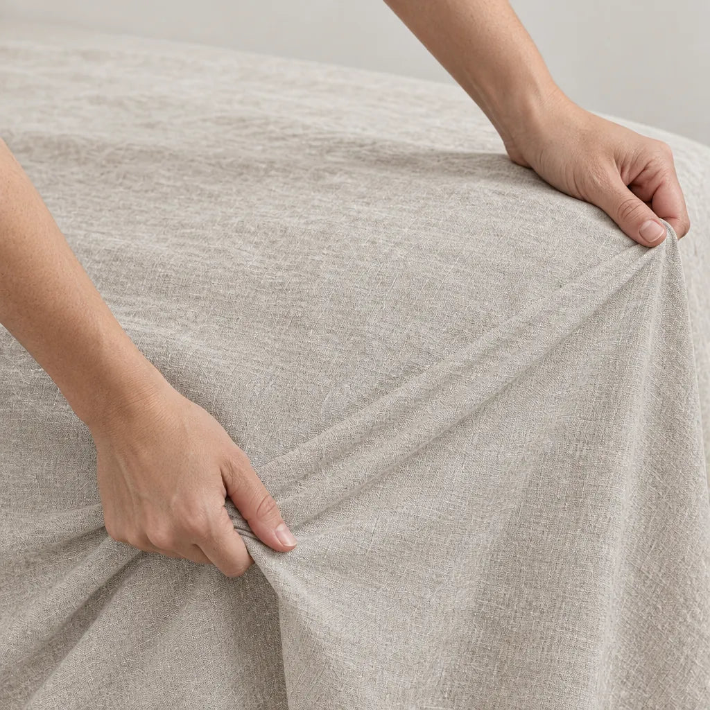 Hands pulling a natural linen bed sheet tight over a mattress